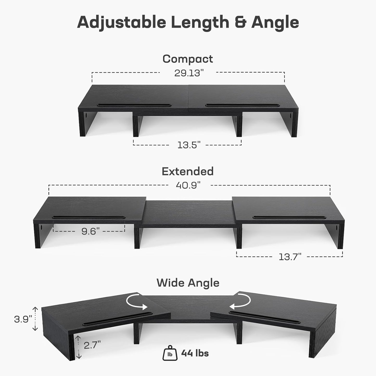 Dual Monitor Stand for Desk, Monitor Stand with 2 Slots for Phone and Tablet, Dual Monitor Riser with Length and Angle Adjustable, Computer Stand for Monitor, Laptop, Tablet (Black)