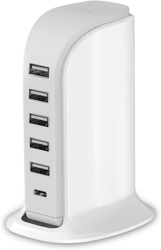 Charging Station for Multiple Devices 40W , Wall Charger Block 5 USB Ports(Shared 6A), USB Charging Hub Smart IC, Charger Tower with Type-C 3A for Iphone Ipad Tablets Smartphones, Home Office Use