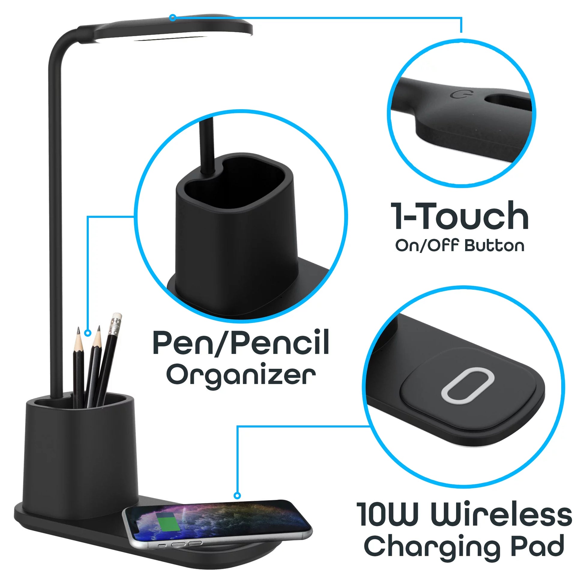 U-Light LED Desk Lamp with Wireless Charger & Organizer Black