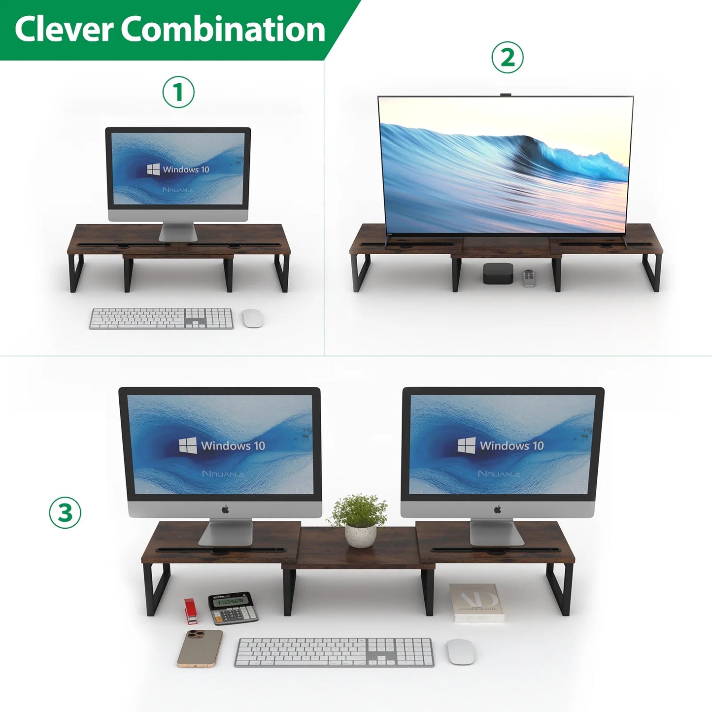 Monitor Stand Riser, Dual Computer Monitor Stand with Pen Slot, Adjustable Length and Angle, Brown