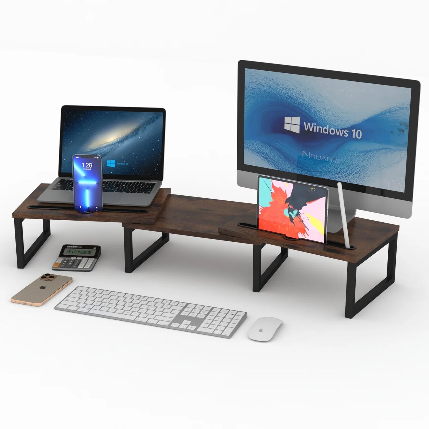 Monitor Stand Riser, Dual Computer Monitor Stand with Pen Slot, Adjustable Length and Angle, Brown